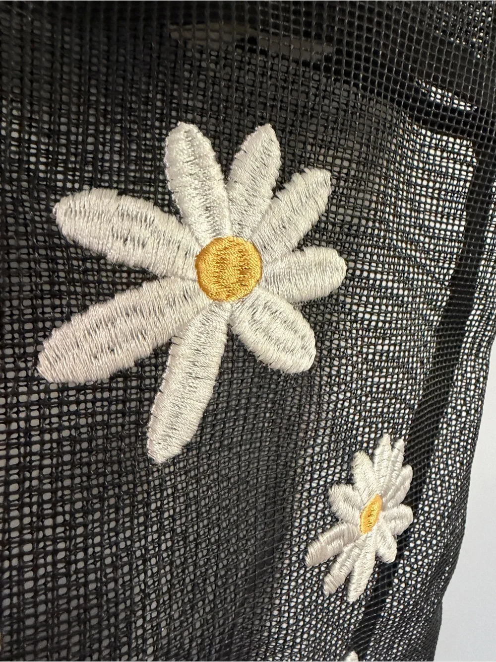 Art Class black Mesh Tote Bag see through white yellow Daisy rope handles